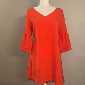 Lg orange V neck dress Has double bell sleeve Very classy looking dress …